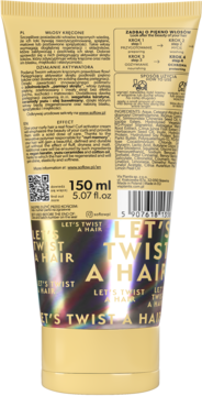 Tył złotej tubki so!flow Let's Twist A Hair 150 ml, aktywatora skrętu do loków z opisem składu.