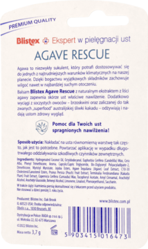 Tył opakowania balsamu Blistex Agave Rescue, opisujący nawilżające właściwości agawy, z czytelnym tekstem i kodem.