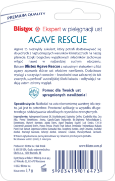 Tył czarnego opakowania Blistex Agave Rescue, balsamu do ust z agawą, z tekstem i kodem kreskowym.