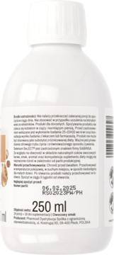 Tył białej butelki płynnego suplementu diety 250ml z widoczną datą ważności 06.02.2025.