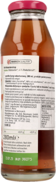 Tył szklanej butelki bio syropu rabarbarowego 280ml z różową nakrętką. Widoczna biała etykieta z polskim tekstem.