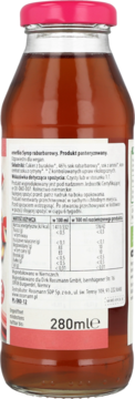 Tył butelki bio syropu rabarbarowego enerBIO, z różową zakrętką i etykietą z tabelą wartości odżywczych.