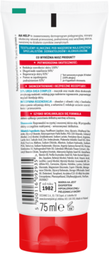 Tył opakowania AA Help Krem do stóp 75 ml, biało-czerwona tubka z tekstem o moczniku i kodem kreskowym.