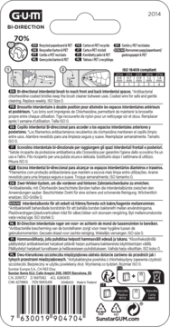Tył białego opakowania szczoteczek międzyzębowych GUM BI-DIRECTION, z opisami produktu i kodem kreskowym.