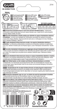 Tył opakowania GUM Bi-Direction dwukierunkowych szczoteczek międzyzębowych 0.7mm, z opisem i diagramami.