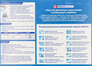 Tył niebiesko-białego opakowania tabletek Domol All-in-One do zmywarki, z listą wielofunkcyjnych cech produktu.