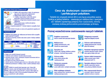 Ulotka Domol MULTIFUNKCYJNE TABLETKI DO ZMYWARKI ALL-IN-ONE: niebieskie tło, ikony i opis funkcji.
