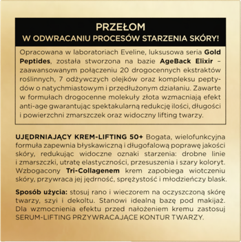 Panel tekstowy kremu Eveline Gold Peptides 50+ z peptydem i kolagenem, opisujący działanie liftingujące i przeciwzmarszczkowe.