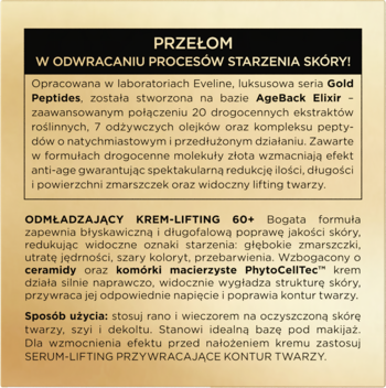 Tekst z opisu kremu-liftingu Gold Peptides 60+ Eveline, redukujący zmarszczki, z ceramidami i PhytoCellTec.