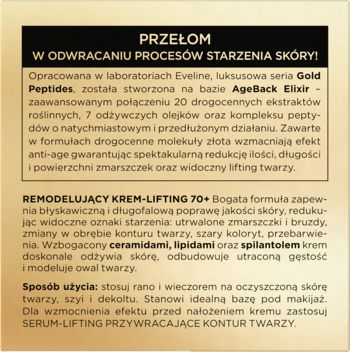 Opis kremu Eveline Gold Peptides 70+, tekst o działaniu liftingującym, peptydach, złocie i składnikach anti-aging.