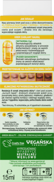 Zielono-żółte opakowanie kremu pod oczy Garnier Vitamin C 15ml, z opisem działania i składników aktywnych, widok z przodu.