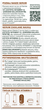 Biało-brązowa ulotka serum Garnier Skin Naturals z 10% witaminą C i kwasem hialuronowym. Opis, QR kod, ilustracje.