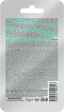 Tył srebrnego opakowania żelowej maski pod oczy Garnier Hyaluronic Cryo Jelly, z drobnym tekstem i kodem kreskowym.
