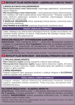 Pionowy fragment etykiety L'Oréal Revitalift Filler Water-Cream. Opis kremu z kwasem hialuronowym i ceramidami.