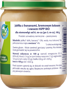 Tył słoiczka HiPP BIO Jabłka z bananami, kokosem i owsem dla niemowląt, z etykietą i składem.
