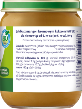 Tył słoiczka HiPP BIO Jabłka z mango i kremowym kokosem, mus dla niemowląt od 6 m-ca, widoczna etykieta ze składem.