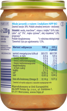 Tył słoiczka HiPP BIO Młode jarzynki z ryżem i indykiem. Widoczna zielona etykieta z tabelą wartości odżywczych.