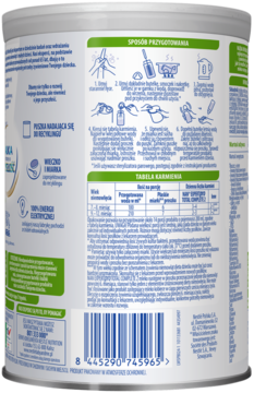 Tył puszki mleka następnego NAN EXPERTpro Total Complete 2 (6m+), z instrukcjami i tabelą karmienia.