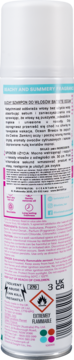 Tył białej butelki suchego szamponu Batiste Ocean Breeze z polskim opisem i piktogramami ostrzegawczymi.