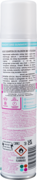 Tył białego suchego szamponu Batiste Ocean Breeze w sprayu, z polskim tekstem i ikonami ostrzegawczymi.