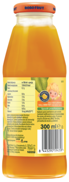 Tył szklanej butelki BoboFruit soku wieloowocowego 300ml z etykietą, widoczne wartości odżywcze.