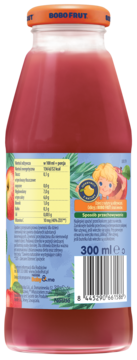 Czerwony nektar Bobofrut jabłko-banan-malina, tył butelki z etykietą, kodem kreskowym i 300 ml.