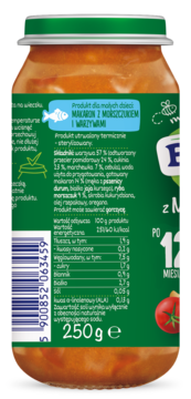 Tył zielonego słoiczka BoboVita Makaron z Morszczukiem i Warzywami 250g, z etykietą składu i wartości odżywczych.