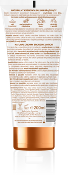 Tył dwukolorowej tuby beBIO Naturalny Kremowy Balsam Brązujący, widoczny opis składu i kod.
