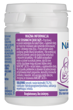 Tył białego opakowania Nan Care Mama Lacto+ z fioletową etykietą, widoczne info, składniki i "Bezglutenowy. Bez żelatyny."