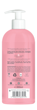 Tył opakowania nawilżającego balsamu beBIO Hyaluro bioRegeneracja, różowa butelka, napisy, barcode.