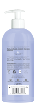 Tył fioletowego balsamu do ciała beBIO Hyaluro bioNawilżanie 350ml, z białą pompką, widoczny kod kreskowy.