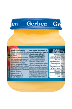 Gerber deserek, jabłka, banany, morele, tył żółtego słoiczka, etykieta z polskim składem, bezglutenowy.