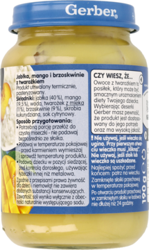 Tył słoiczka Gerber z puree jabłka, mango i brzoskwinie z twarożkiem, widoczna niebieska etykieta z tekstem.