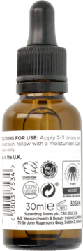 Tył brązowej butelki serum ze skwalanem i witaminą C 30ml, z etykietą, instrukcją i logo.
