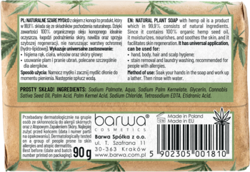 Tył opakowania naturalnego szarego mydła Barwa z olejem konopnym, brązowy papier, widoczne instrukcje i skład.