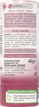 Tył różowego dezodorantu Alterra w sztyfcie 40g z polskim opisem, bio masłem shea i migdałowym.