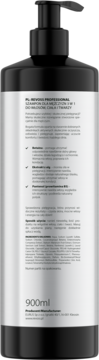 Tył czarnego szamponu Revoss Professional Men 3w1 900ml z betainą i pantenolem, widok etykiety z tekstem.