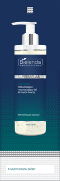 Bielenda SupremeLab Men Line, odświeżający żel do twarzy w przezroczystej butelce z pompką, widok z przodu.