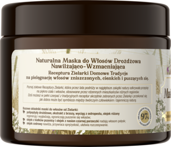 Naturalna Drożdżowa Maska Nawilżająco-Wzmacniająca, brązowy słoik, polski tekst, rośliny.