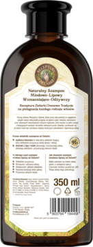 Tył brązowej butelki naturalnego szamponu miodowo-lipowego 350 ml. Widoczna etykieta z opisem składu.