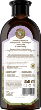 Tył brązowej butelki szamponu z propolisem i pokrzywą na wypadanie włosów, fioletowo-zielona etykieta, 350ml.