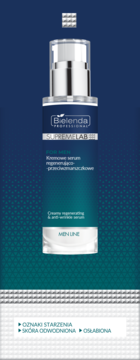 Bielenda Supremelab Men Line serum regenerująco-przeciwzmarszczkowe w granatowej butelce z pompką, widok przód.