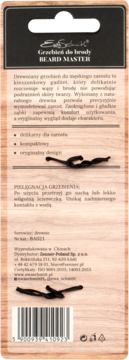 Tył drewnianego opakowania grzebienia Beard Master, widoczny opis, cechy produktu i kod kreskowy.