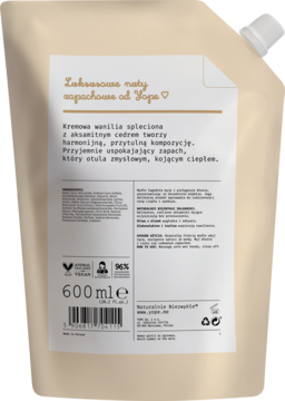 Yope mydło w płynie Kremowa Wanilia, tył beżowej saszetki uzupełniającej 600ml z opisem i składnikami.