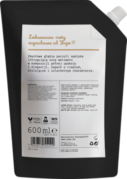 Yope mydło w płynie refill 600ml, czarna torebka z luksusowymi nutami paczuli i wetiweru, tył etykiety.