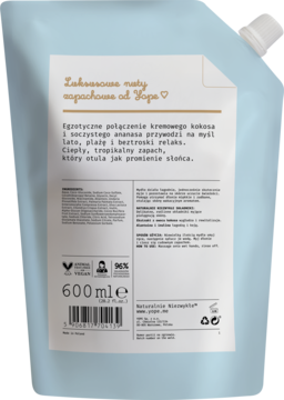 Uzupełnienie Yope mydło w płynie kokosowe 600 ml, niebieska saszetka z białą etykietą, przód.