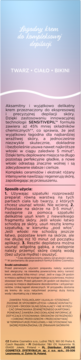 Tył opakowania łagodnego kremu do depilacji SENSITIVEPIL do twarzy, ciała i bikini dla skóry wrażliwej.