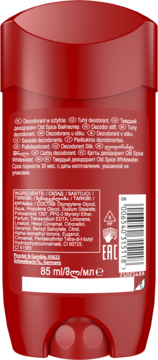 Tył opakowania czerwonego dezodorantu Old Spice Whitewater w sztyfcie, widoczne składniki i pojemność 85ml.