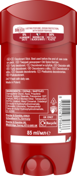 Tył czerwonego dezodorantu Old Spice Captain. Etykieta ze składnikami, info o 0% aluminium i recyklingu. Pojemność 85ml.