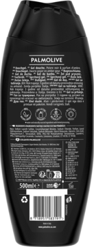 Tył czarnej butelki Palmolive Men Intense Spice Up 4w1, widoczne białe napisy, kod kreskowy i 500ml.